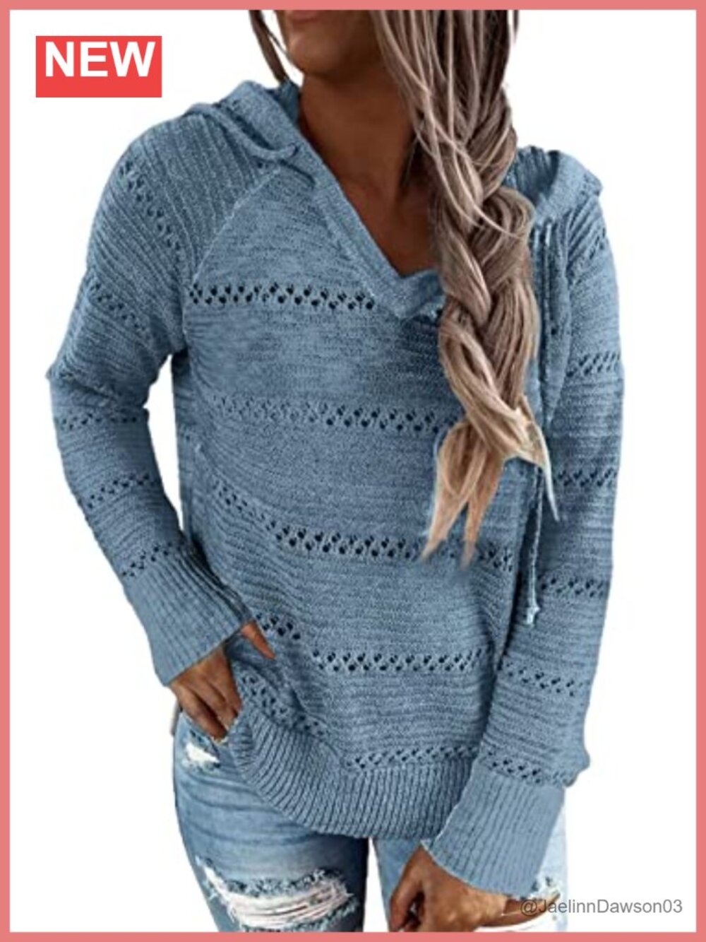 Women's Striped Crochet Hooded Sweater Pullover Long Sleeve Loose Fit